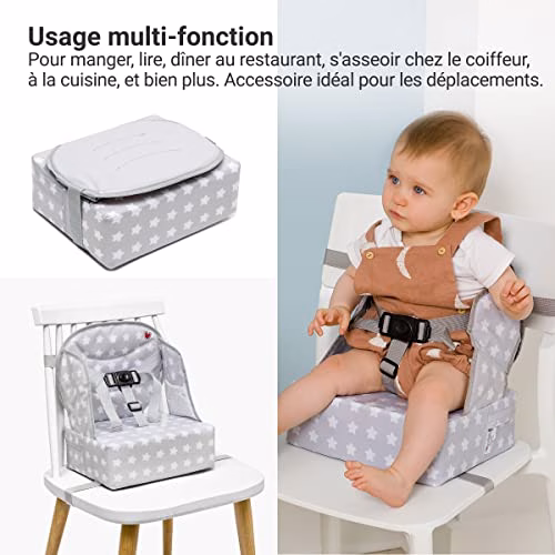 BabyToLove | Rehausseur chaise bébé compact et pliable avec coussin imperméable, harnais 3 points et poignée de transport | White Stars 4 BabyToLove | Rehausseur chaise bébé compact et pliable avec coussin imperméable, harnais 3 points et poignée de transport | White Stars pas cher
